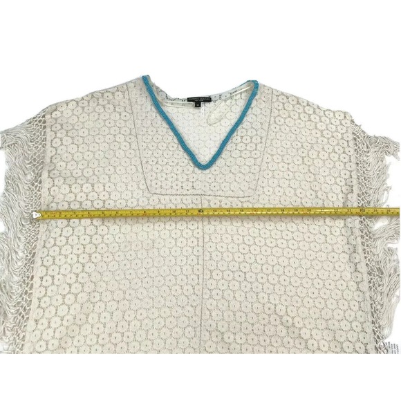 Alberto Makali Poncho Cape Womens Medium Ivory Cotton Fringe Lace Beaded V-Neck - Picture 7 of 8